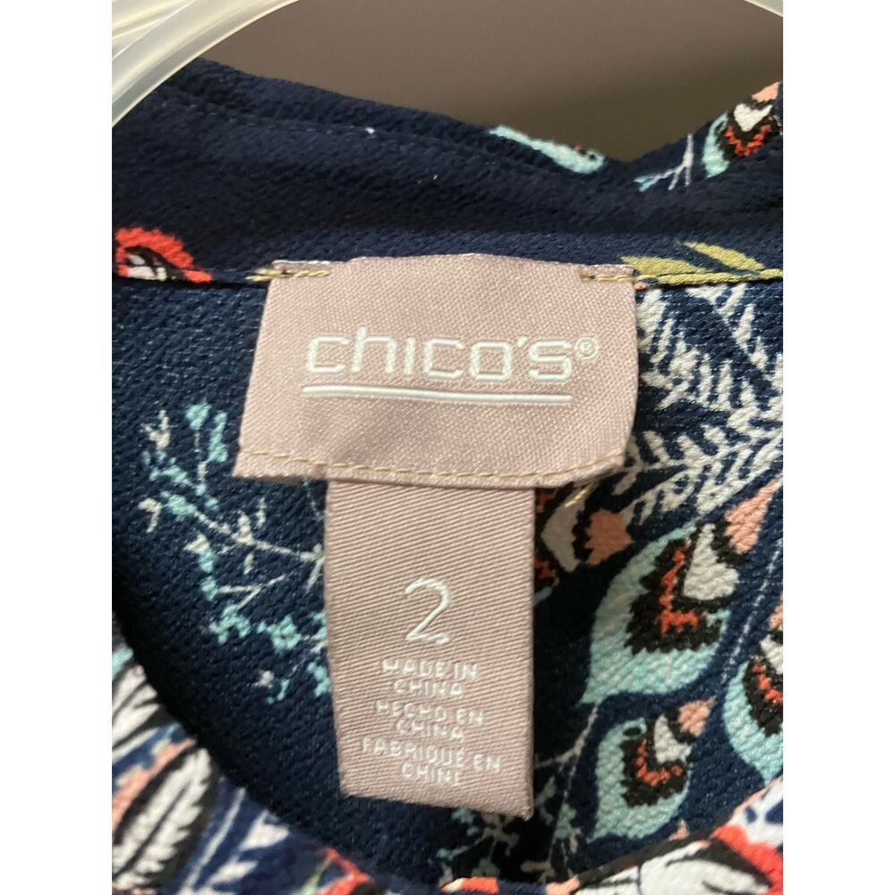 Chico’s‎ Floral Blouse Blue Colorful Sz 2 Medium Button Down, Top, Office Boho - Picture 3 of 4